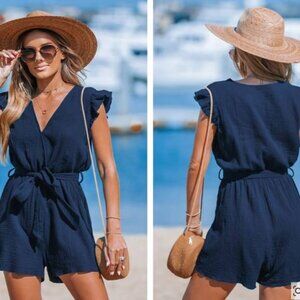 Brand New Cupshe Navy Surplice Flutter Sleeve Romper!!! // Never Worn